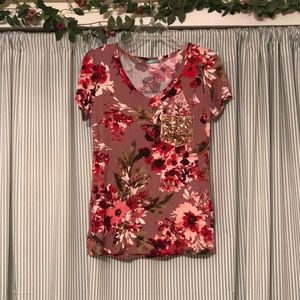 Floral Top with Sequin Pocket